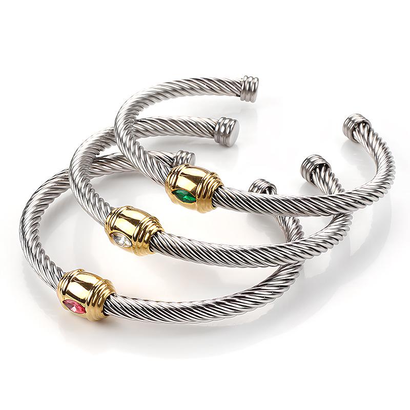 18K Gold Non-Fading Zircon Inlaid Titanium Steel Twist Open Bracelet