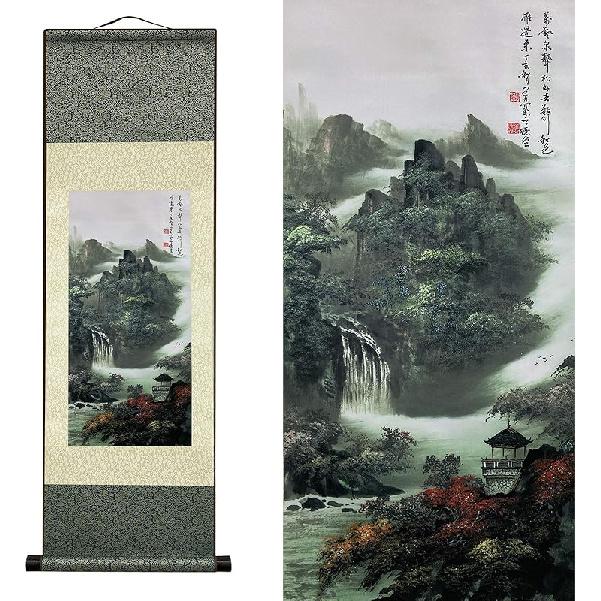 AtfArt Asian Wall Decor - Beautiful Silk Scroll Painting of Waterfall River Landscape - Mountain Spring Autumn Color Oriental Decor Chinese Art Wall