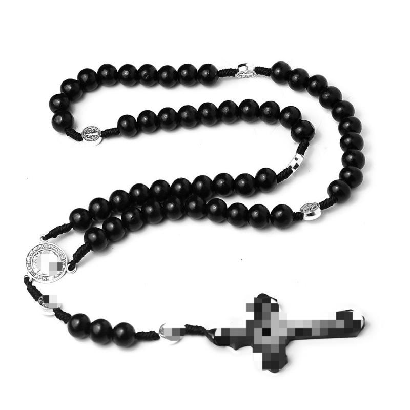 Cross Rosary Necklace with Handmade Knotted 9x10 Wooden Beads in Coffee Color