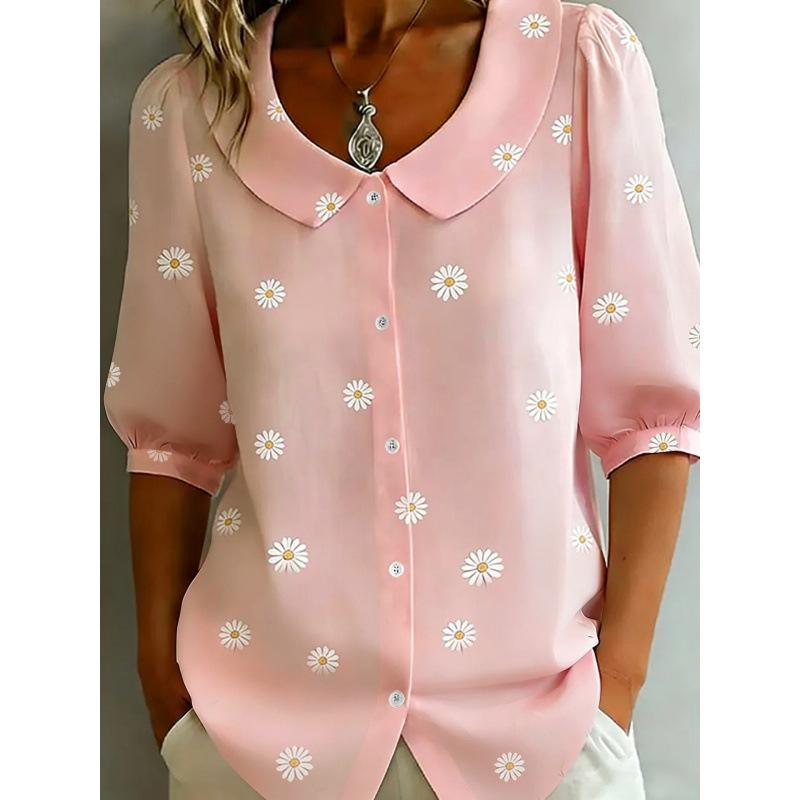 Blusa de Mujer con Estampado Floral, Cuello Peter Pan, Mangas Cortas Abullonadas, Botones