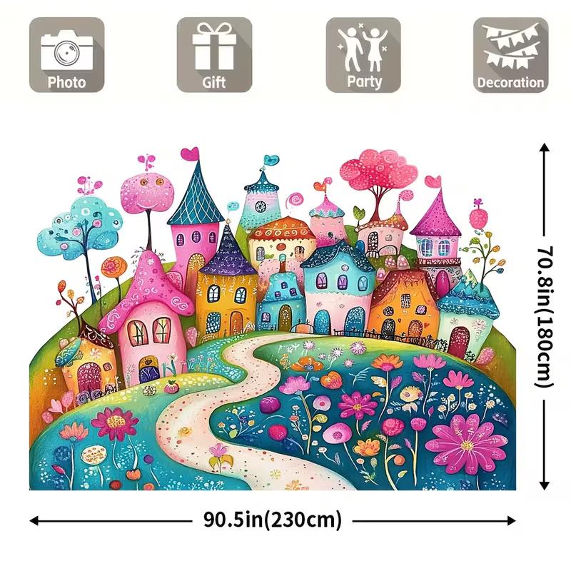 

2D Dreamy Kids Fairy Village Backdrop 2D Flat Print Colorful Houses & Blooming Flowers Background Banner 47.2x31.5inch/120*80cm