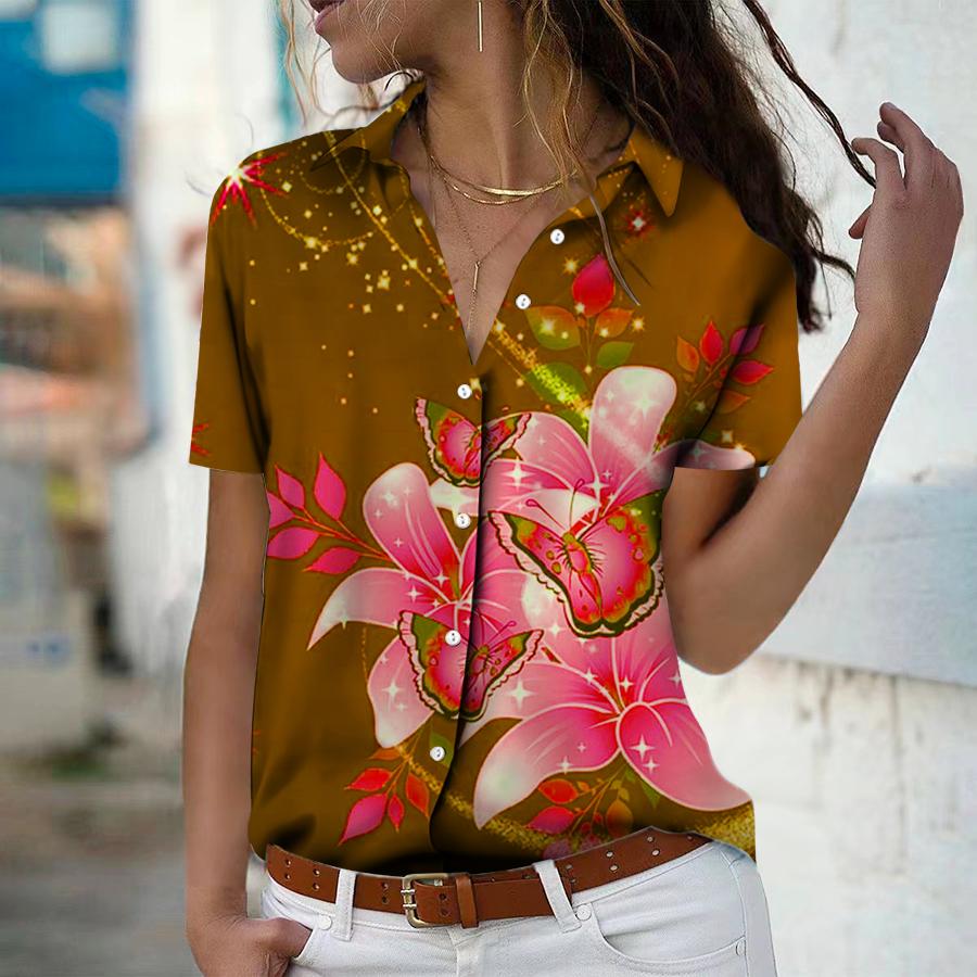 

2025 Лето Новая Мода Женская Рубашка Топ с Коротким Рукавом, V-образным Вырезом, Повседневная, на Пуговицах, с Принтом Роз 8XL жёлтый