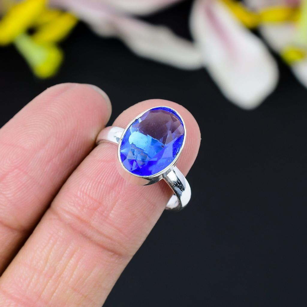 Tanzanite Quartz Gemstone Handmade 925 Sterling Silver Jewelry Ring Size 9 KG-365