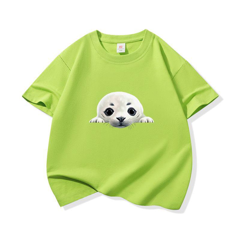 Kids Cotton T Shirt Cute Peeking Seal Print Crew Neck Short Sleeve Tee Casual Breathable Boys Girls Summer Tops