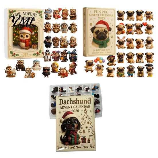 Weihnachts-Adventskalender 2026 Eule/Hund Kalender, 24 Tage Countdown mit Mini-Tierfiguren-Box-Ornamenten, PVC Sammelfiguren für die Feiertage