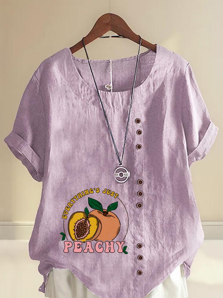 Women's Fashion Peach Letters Print Shot Sleeve T-shirt Loose Cotton Shirt Casual Loose Summer Blouse Tops Plus Size