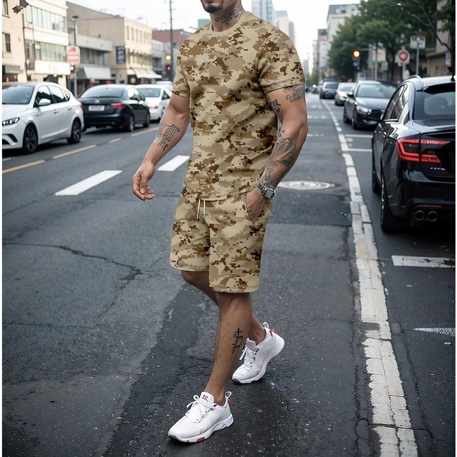 

2024 Новый летний мужской комплект из двух частей с короткими рукавами и 3D-шортами, мужской повседневный камуфляжный комплект для бега и путешествий на открытом воздухе, мужская одежда XL