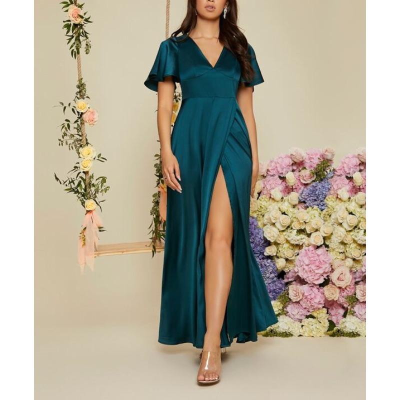 DAFIFY Women's Fashion Summer Spring Solid Color Print Short Sleeve V-Neck High Waist Casual Dresses