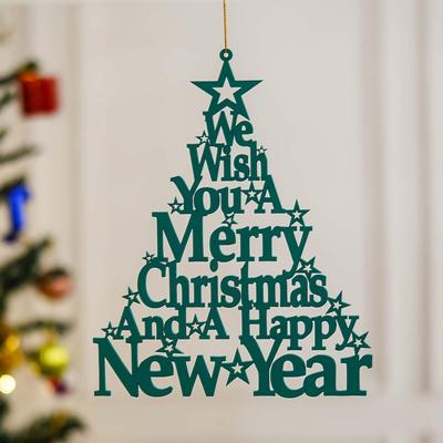 Wooden Green Merry Christmas Tree Wall Hanging Showpiece We Wish You A Merry Xmas and A Happy New Year | Christmas Decorations Items