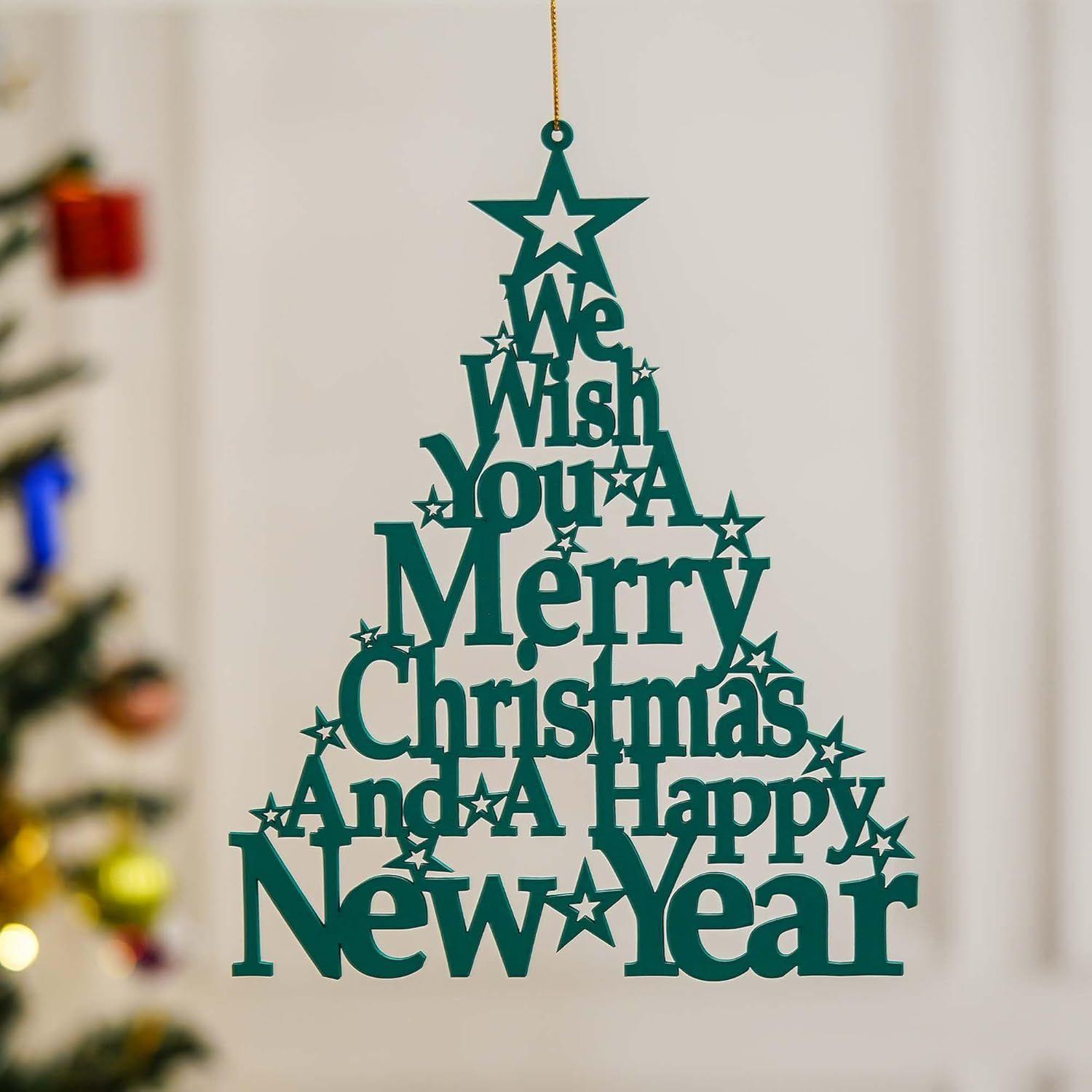 

Wooden Green Merry Christmas Tree Wall Hanging Showpiece We Wish You A Merry Xmas and A Happy New Year | Christmas Decorations Items