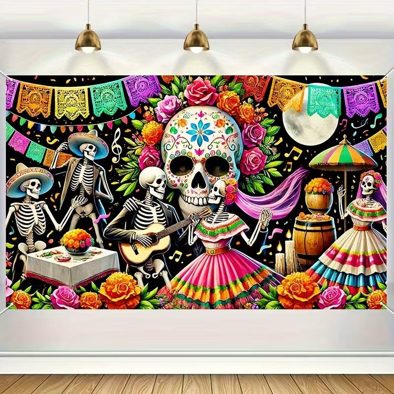 2D Cinco De Mayo Colorful Paper Flag Music Note Floral Photography Background Cloth