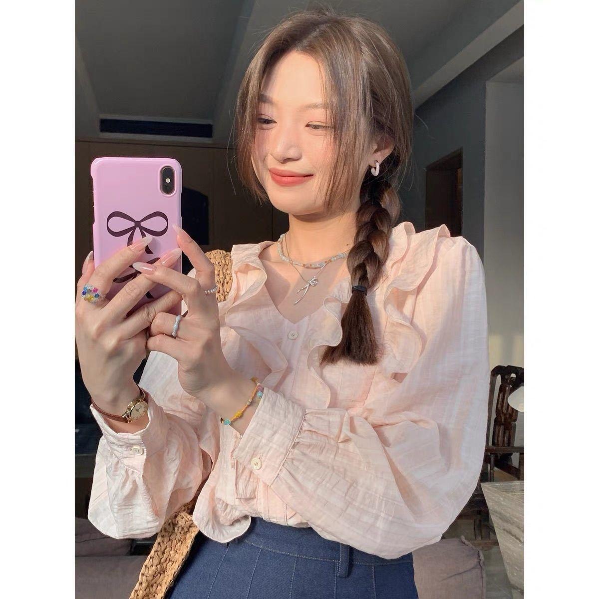 

Ladies Ruffled Lace Shirts Korean Sweet Beauty Style Long Sleeved Blouses Summer Loose Sun Protection Single Breasted Female Top S