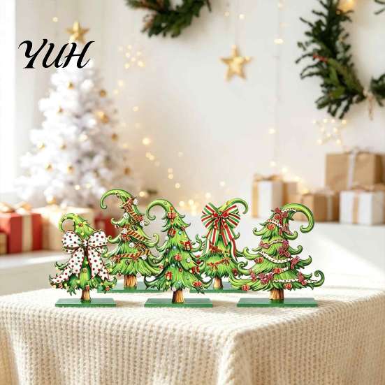 Vintage Cartoon Style Ornaments 5 Pcs Wooden Tabletop Christmas Tree Signs, Rustic Standing Green Festive Party Table Decorations Desktop Ornament