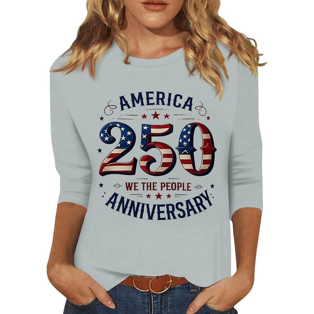 Women's Fashionable Casual Three-Quarter Sleeve 250th Anniversary Independence Day Print Neck Sweater