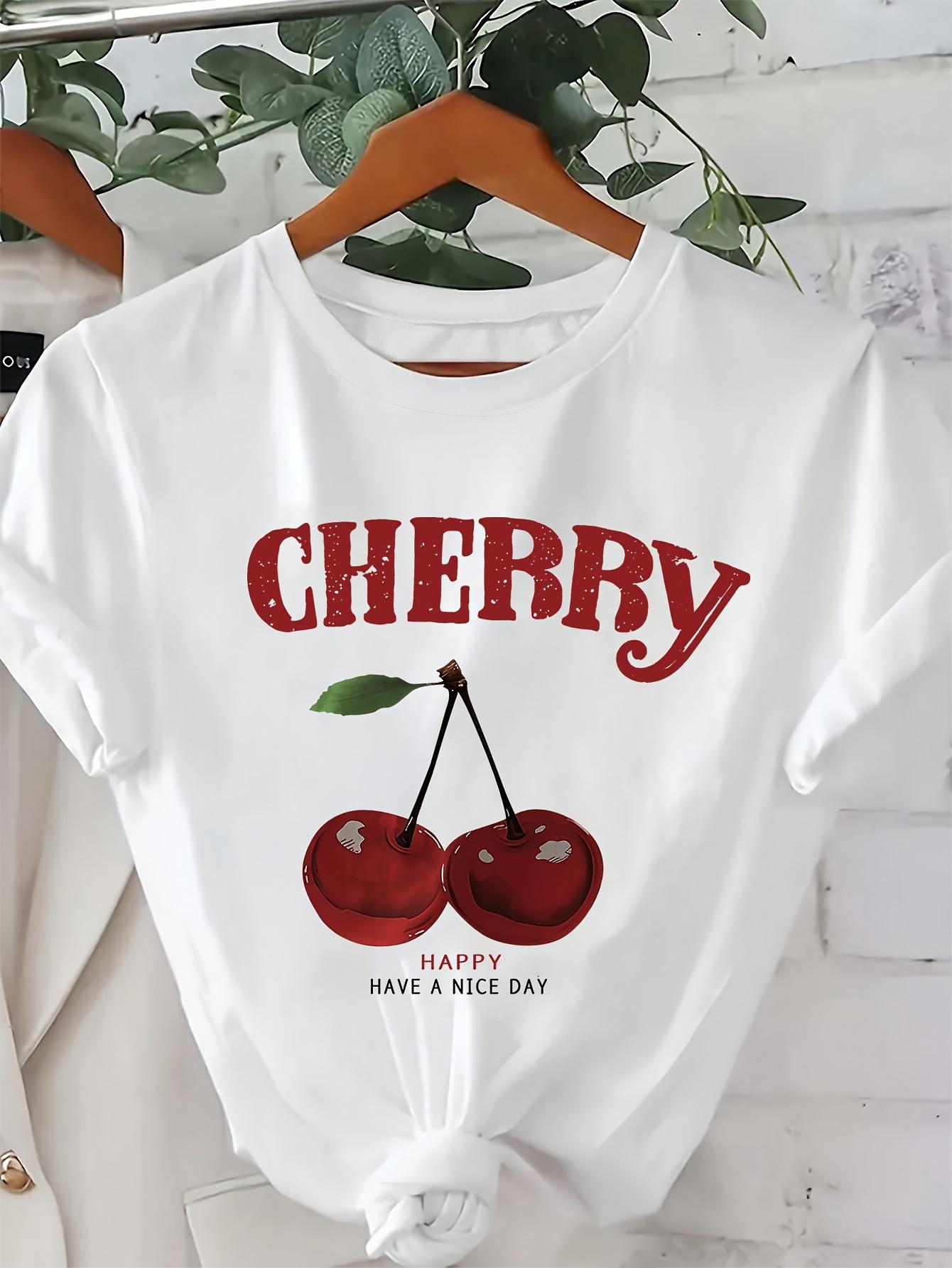 

European Size Cherry Letter Print T-Shirt, Short-Sleeve Round Neck Casual Top for Spring And Summer, Women S Clothing 4XL