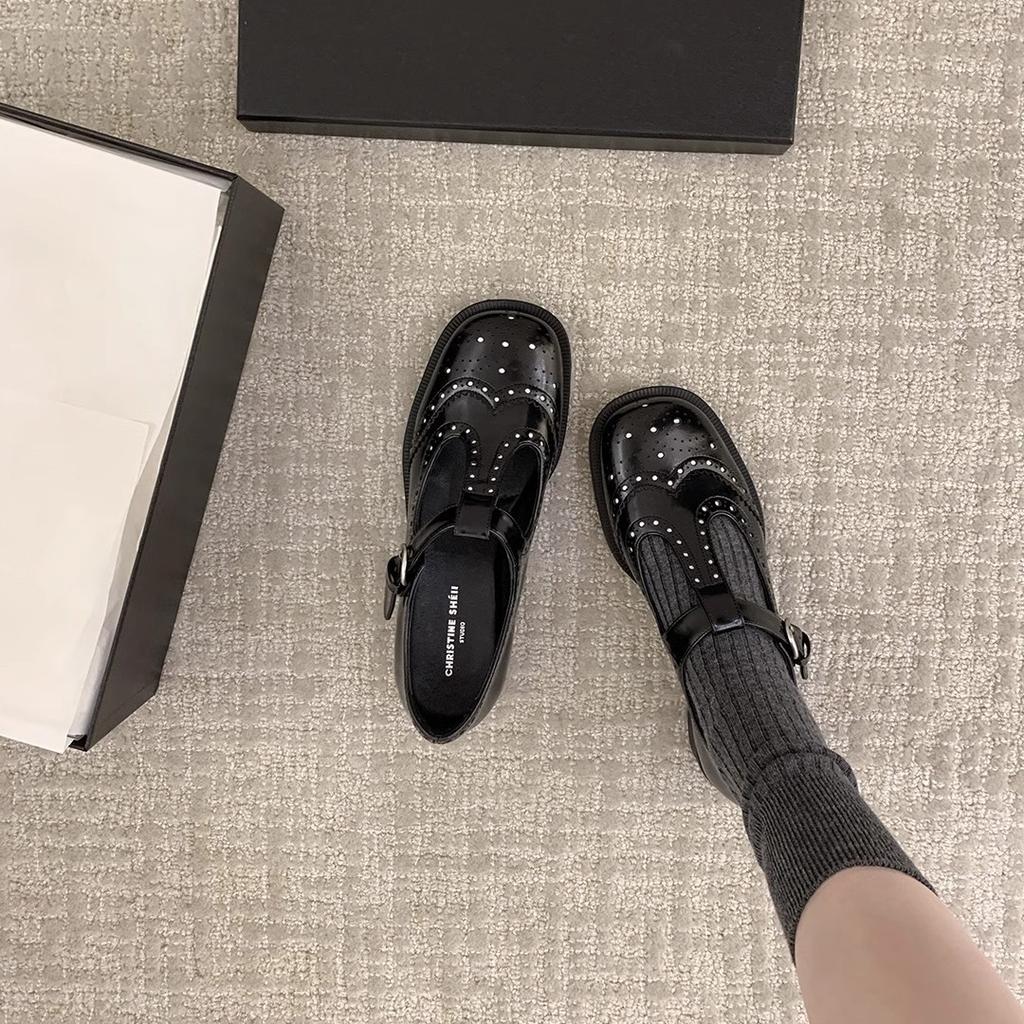 Second hair! Su Yinyin's same shoes miu's baroque carved round head thick heel T-belt loafers small leather shoes