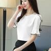 Short Sleeve Summer Tops Fashion Women Blouse Shirt Bow Sweet Top Women's Clothing Pink Apricot O-neck Chiffon Blouses