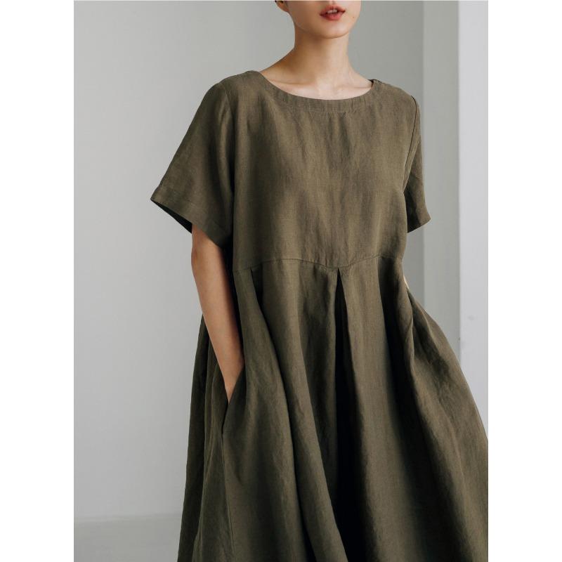 2026 Summer Large Loose Cotton and Hemp Casual Dress Elegant New Round Neck Short Sleeve A-line Dress Female Fashion Solid Color Simple Clothing