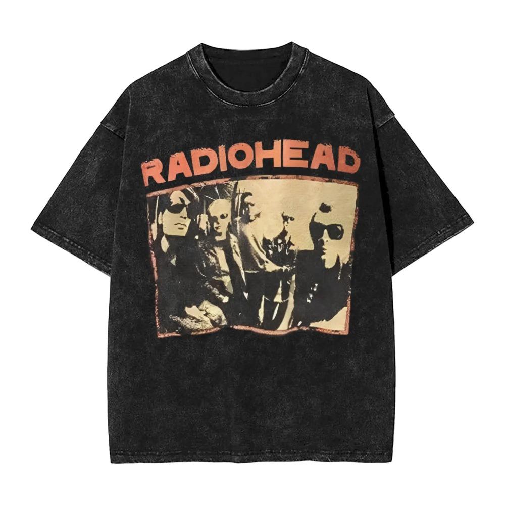 

Oversized Acid-Wash Vintage Short-Sleeve T-Shirt Featuring Radiohead Kid A Mountain Graphic Print XXXL