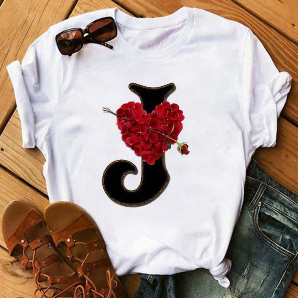 Rose ABC Alphabet Graphic Print White Tee Women Casual Loose Oversize Shirt Top Daily Wear Durable Plus Size Short Sleeve