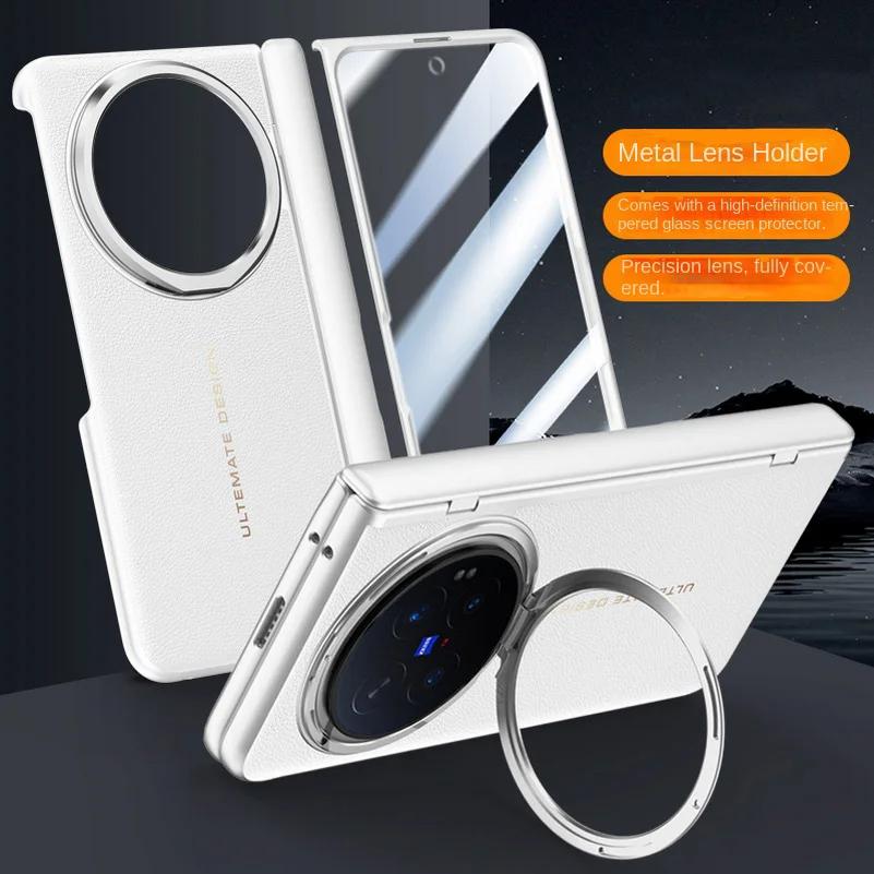 Luxury Leather With Front Screen Tempered Glass Protector Case For VIVO X Fold 6 Spring Hinged Camera Holder Cover