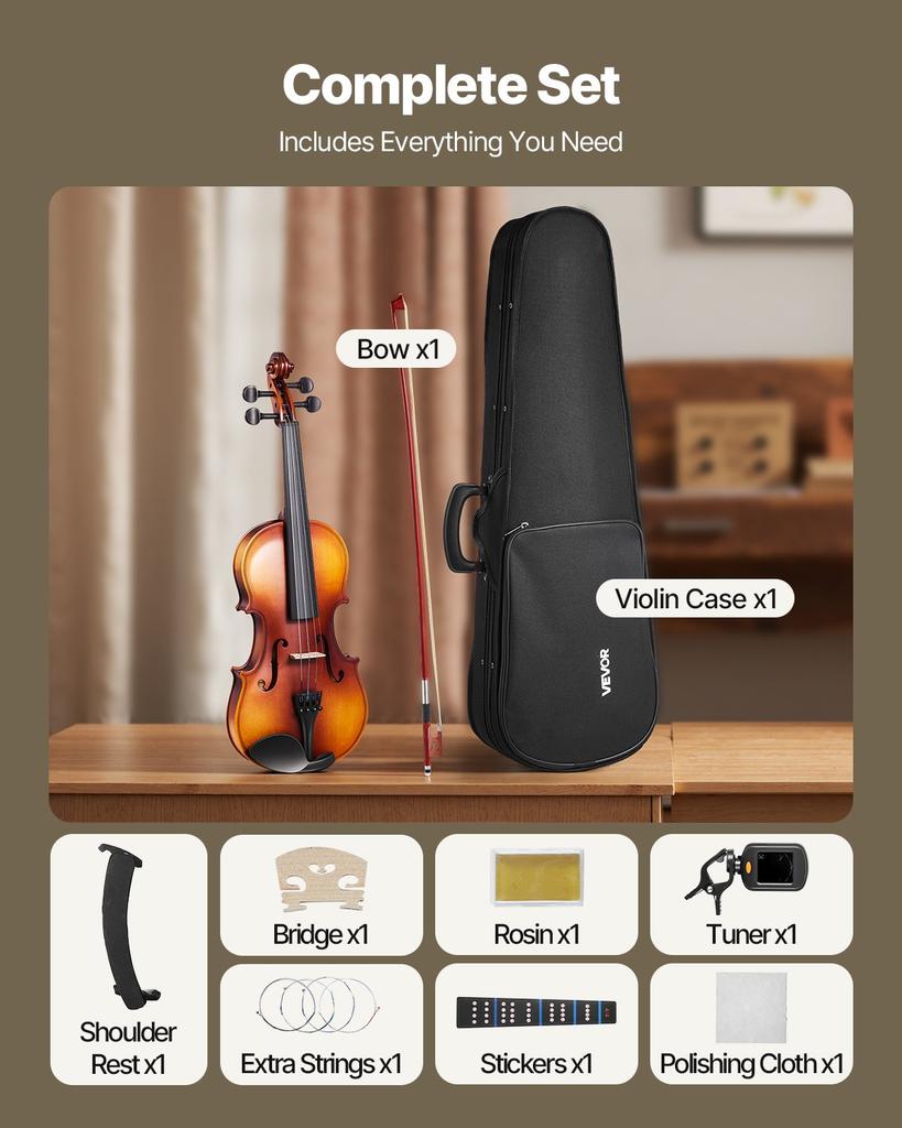 VEVOR Violin 355mm Full Size for Adults, Violin Fiddle Set for Beginners with Hard Case, Rosin, Bow, Shoulder Rest, Bridge, Tuner and Extra Strings