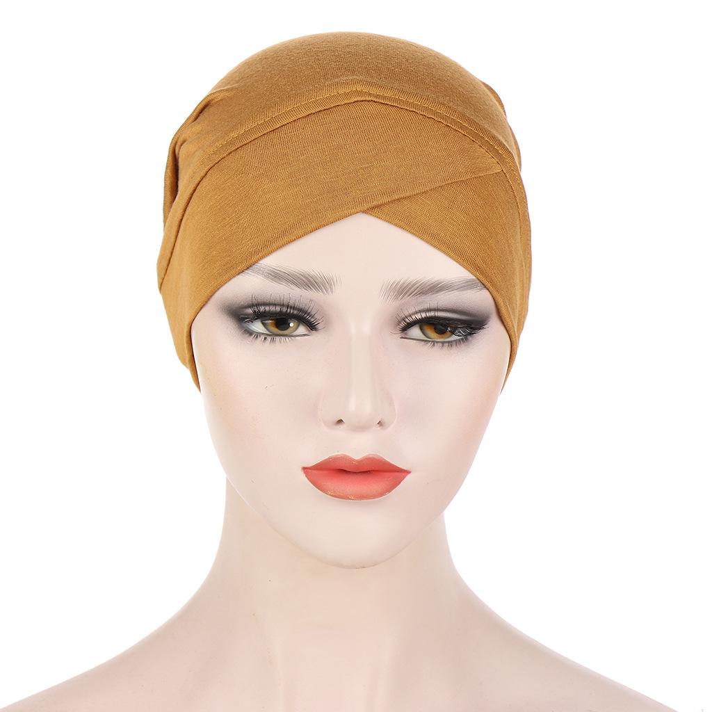 Solid Color Frontal Cross Women Muslim Hijab Caps Wrap Head Soft Elastic Turban Bonnet Chemo Cap Fashion Headdress Wearable