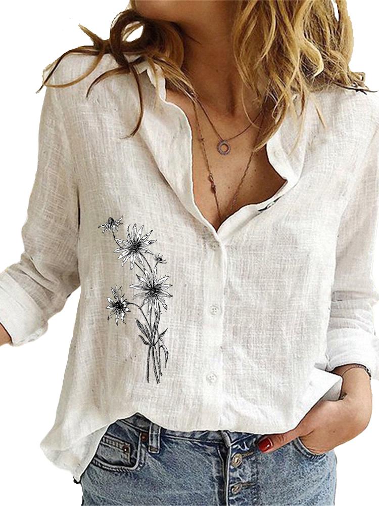 Women Fashion Cotton Linen Shirt Spring&summer Loose Top Ladies Casual Floral Print Blouse