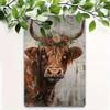 Metal Wall Art Vintage Highland Cow with Floral Wreath Poster for Living Room