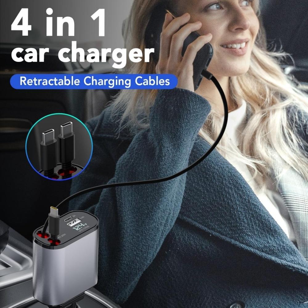 4 In 1 PD Charger USB C Fast Charging With Digital Display Car Charger For iPhone 15 Samsung Xiaomi Huawei Quick Charge Adapter