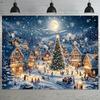 1 piece Christmas background fabric featuring cartoon village and red pine tree design 100% polyester party decorationZL