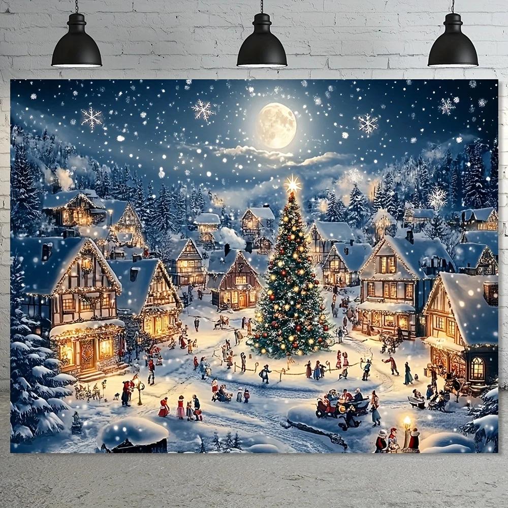 1 piece Christmas background fabric featuring cartoon village and red pine tree design 100% polyester party decorationZL