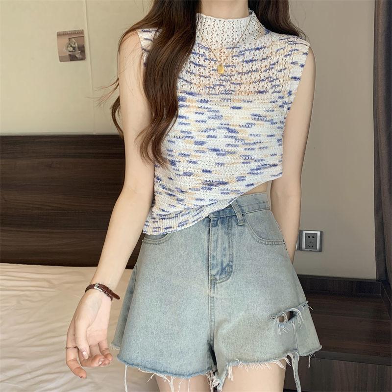 Summer French Chic Spicy Girl Rainbow Striped Knitted Small Tank Top Sleeveless Short Top for Women