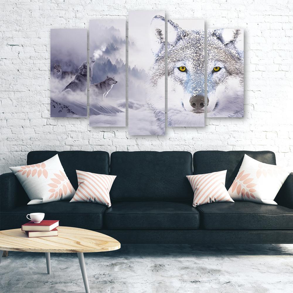 Five Piece Picture Canvas Print Wolf Forest Fog Nature Grey