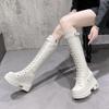 Fashion 10CM New Women Platform Knee High Boots Winter Warm Plush Long Boots Leather Motorcycle Boots Lace-up Chunky Sneakers High Heels
