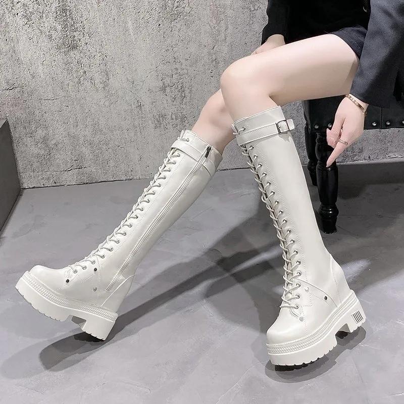 Fashion 10CM New Women Platform Knee High Boots Winter Warm Plush Long Boots Leather Motorcycle Boots Lace-up Chunky Sneakers High Heels