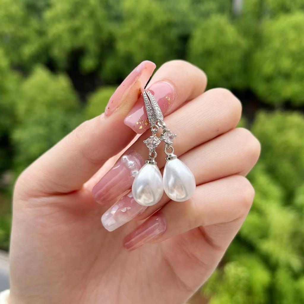 Teardrop Pearl Dangling Drop Earrings Paved Shiny Stone Fish Hook Dainty Ear Rings for Women Wedding Formal Jewelry