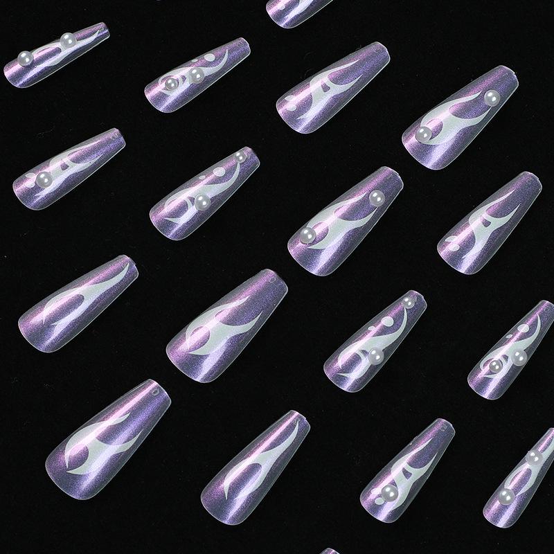 Aurora Wearable Long Fake Nails - White Flame Pearl Nail Art - Removable Finished Pieces