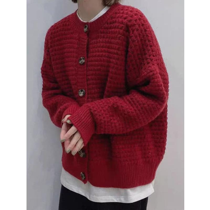 

Retro Crew Neck Cardigan Fashion Women s Sweater Autumn and Winter Loose Jacket Outside Wear Knitted Casual Simple Buttons Coats Solid Color Clothing One size красный