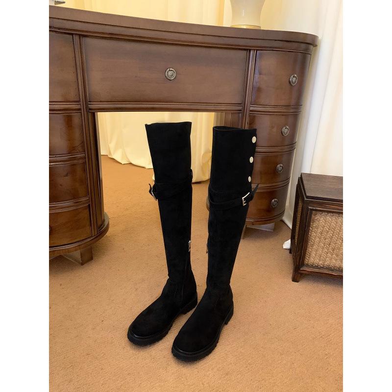 Обувь Зимние Сапоги для Спасения Жизни Круглый Носок Пряжка-Ремень Застежка-Кнопка Толстый Каблук Сапоги Выше Колена Женские 35 чёрный 6819₽