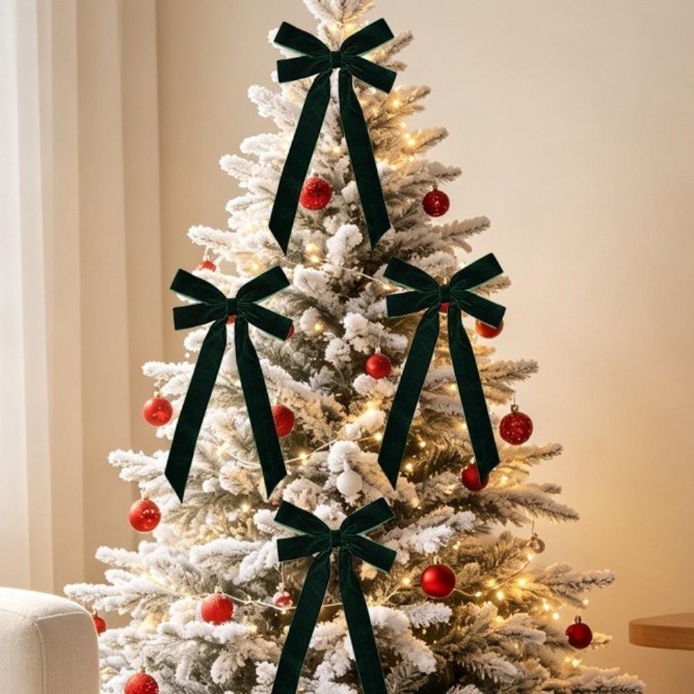 4PCS Long Ribbon Christmas Tree Bows Single/Double Ear Bow Xmas Gift Box Bow Holiday Ornament