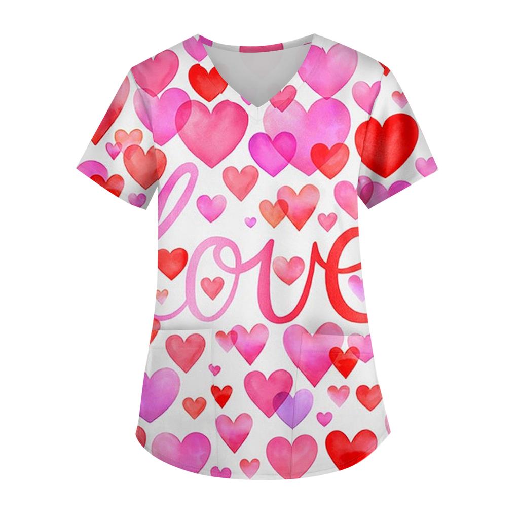 Ladies' Valentine's Day Printed Fashionable V-neck Pocket Short Sleeved  Uniform And Caregiver Top