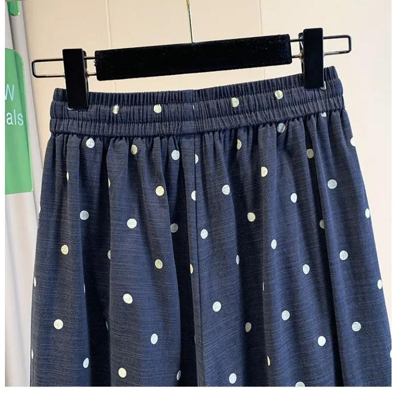 2026 Summer Cotton Linen Polka Dot Trousers Women's Loose Wide Leg Versatile Nine Point Harem Pants Korean Version Lantern Pants