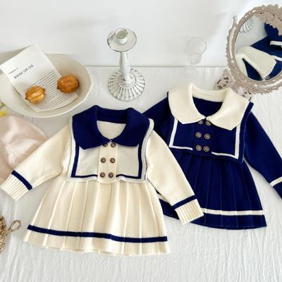 Girls Navy Sweater Dress Girl Baby Autumn Dress Korean Version Children's Clothing Long-sleeved Baby Knitted Dress