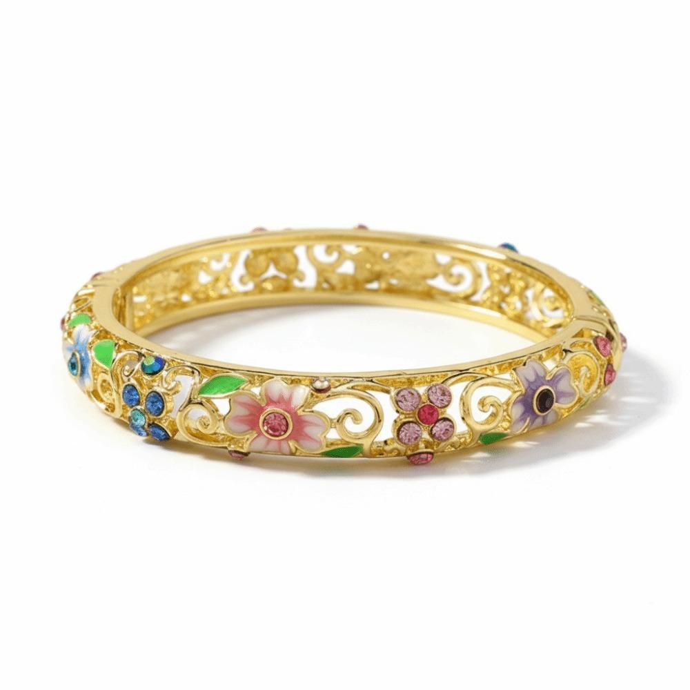 Alloy Cloisonne Bracelet Hollow Out Colored Enamel Traditional Bangle Openwork Engraving Double Bangle Traditional Wear