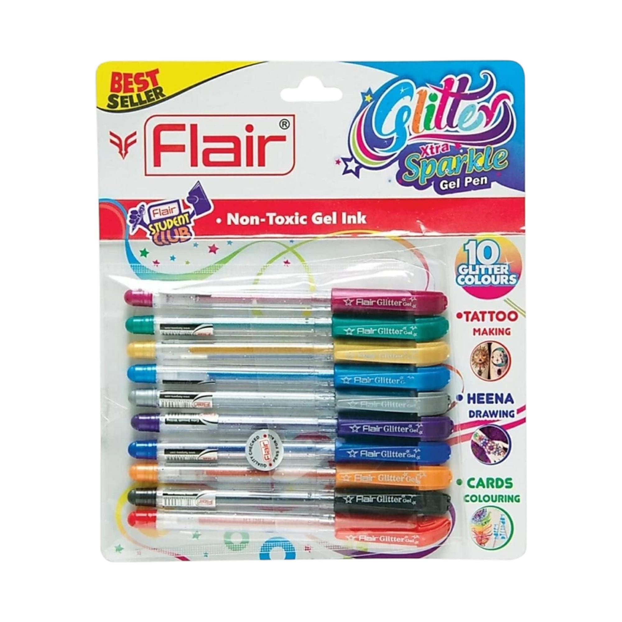 

Гелевые ручки Flair Glitter Sparkle с наконечником 1,0 мм, набор из 10 ручек разных цветов. Плавное письмо для школы, офиса, ведения дневника и творческого использования.