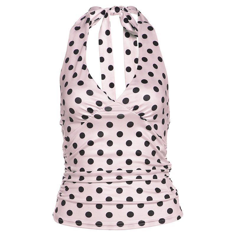 2025 Summer New Women s Fashion Hot Girl Sexy Black Polka Dot Print Versatile Backless V-Neck Halter Neck Tight Tank Top Pink S