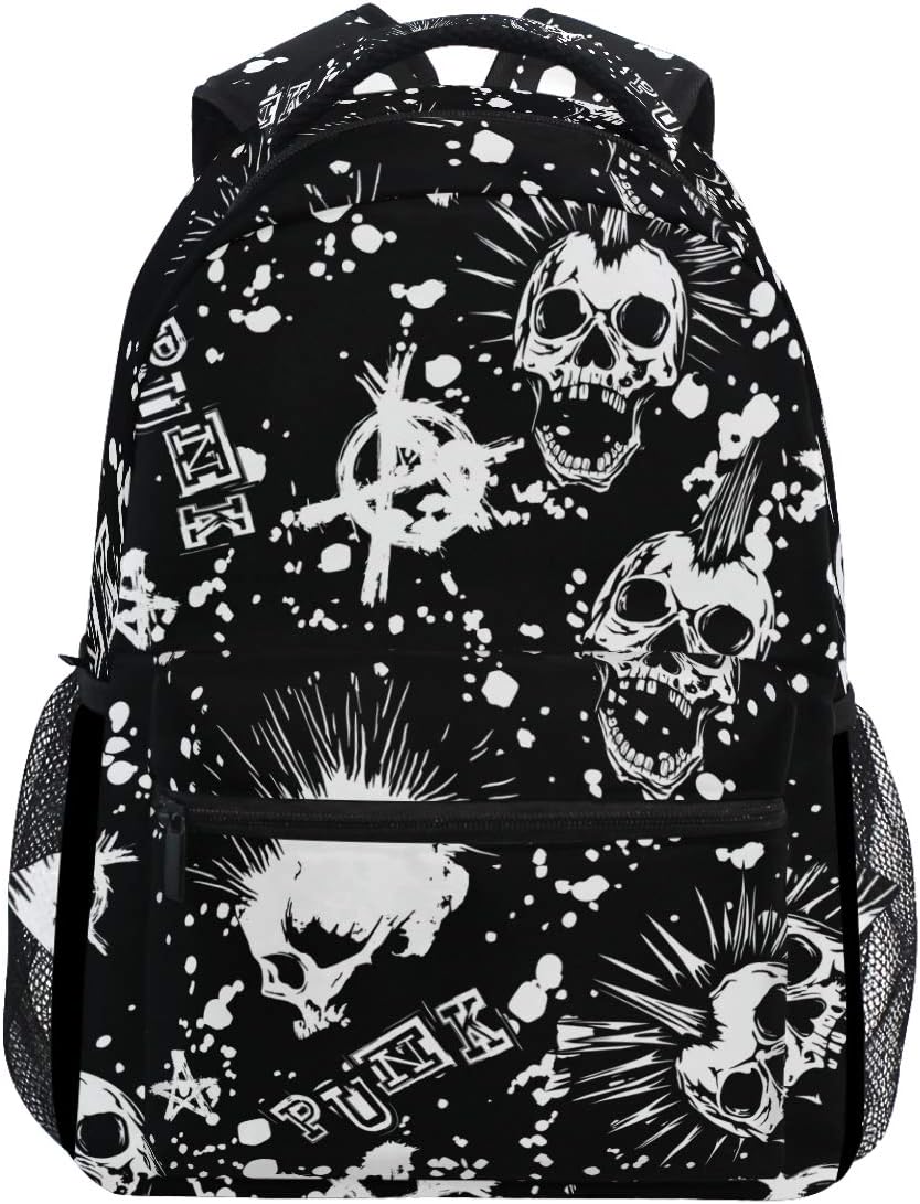 Witte Punk Schedel Mohawk Haar Zwart Vintage Rugzakken Schooltassen Dagrugzak Reizen School College Tas Voor Vrouwen Meisjes Mannen Jongens Tieners