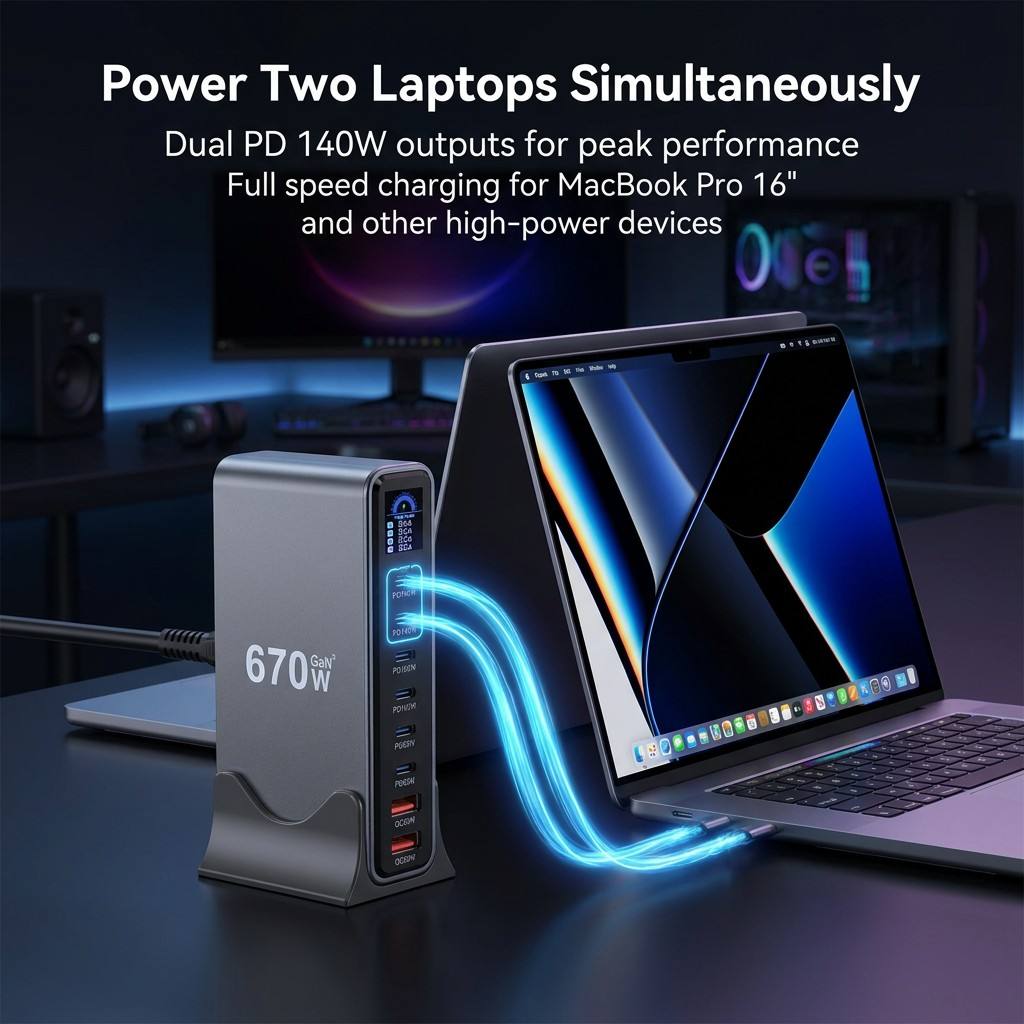 670W GaN³ Desktop Charging Station Digital Power Display 6 USB-C PD 2USB-A QC Power PD 140W Laptop PC Phone Tablet Charger Hub