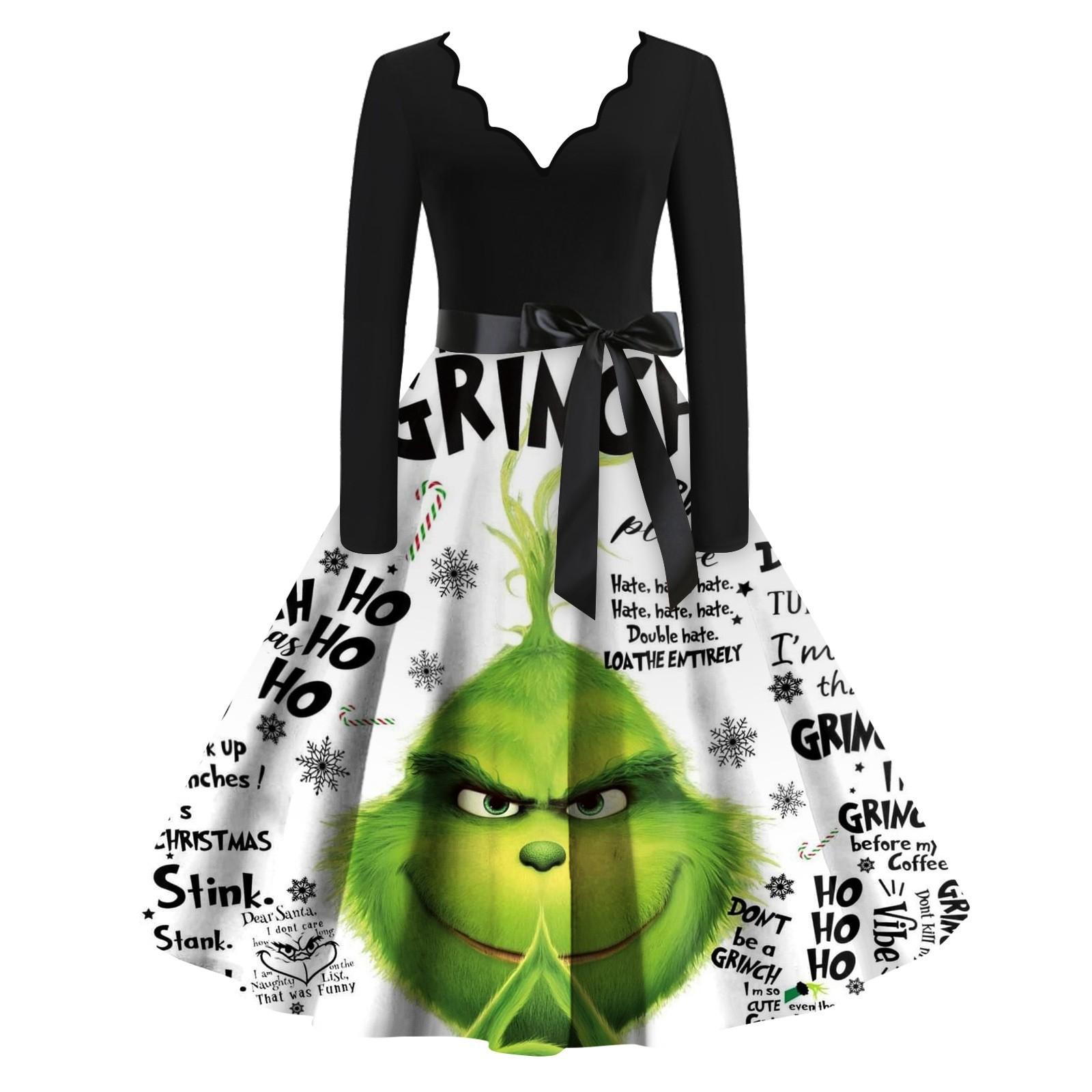 

Женское облегающее платье свободного кроя с рождественским принтом, контрастной строчкой, V-образным вырезом и длинными рукавами L белый